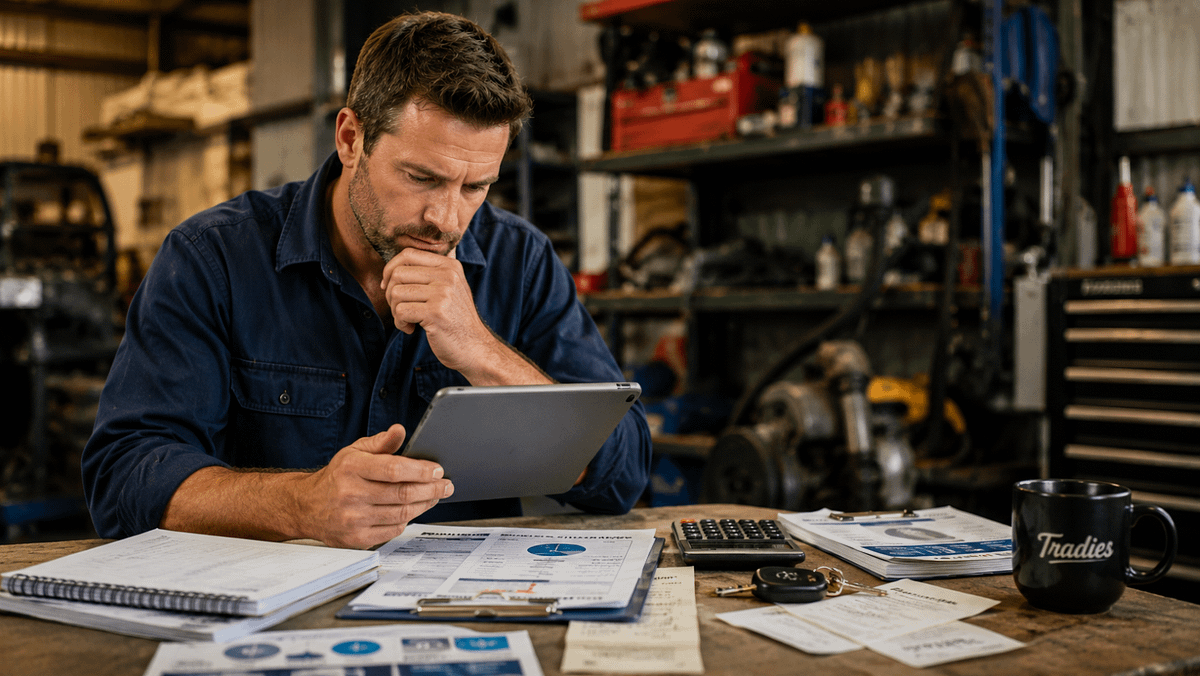 reviewing business expenses and repayment figures on a tablet