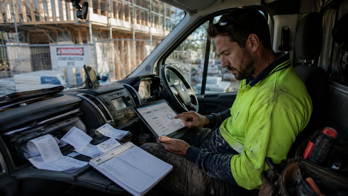 Self-employed tradie reviewing business expenses inside work van