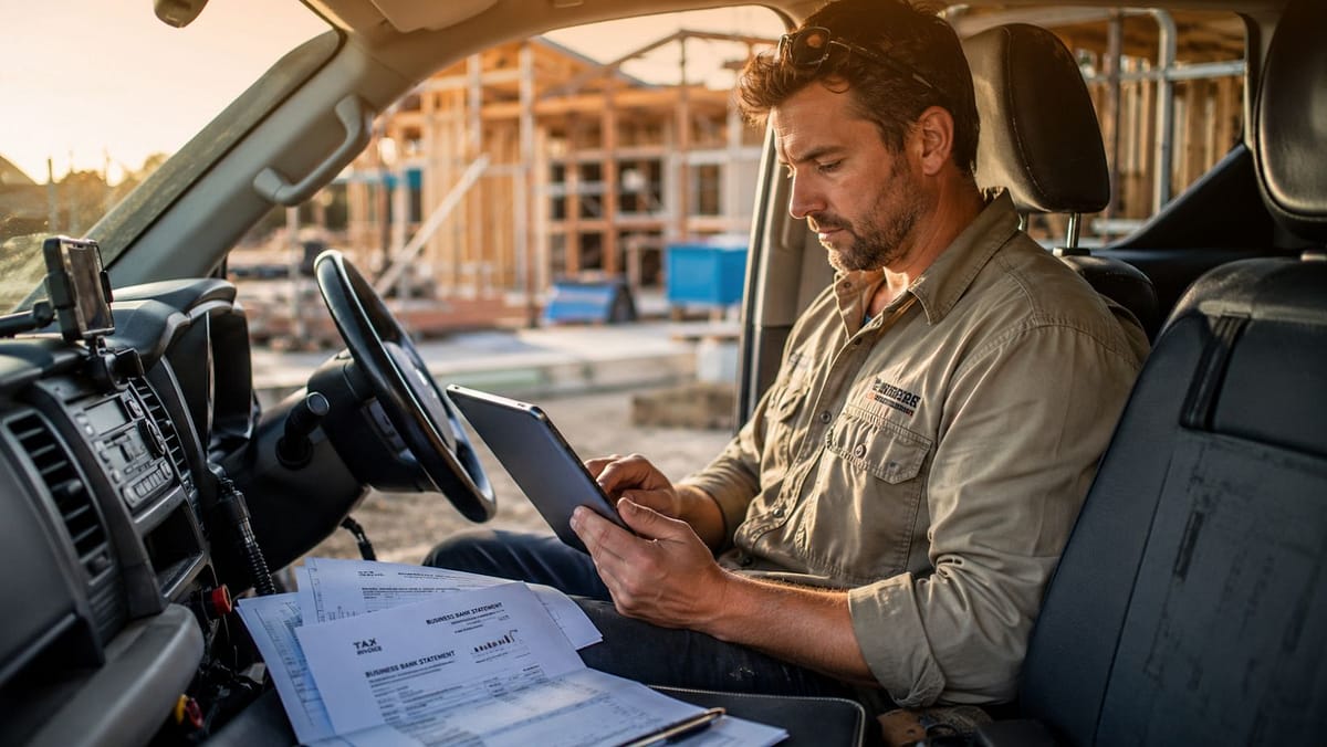 Australian tradie reviewing finance paperwork inside work ute