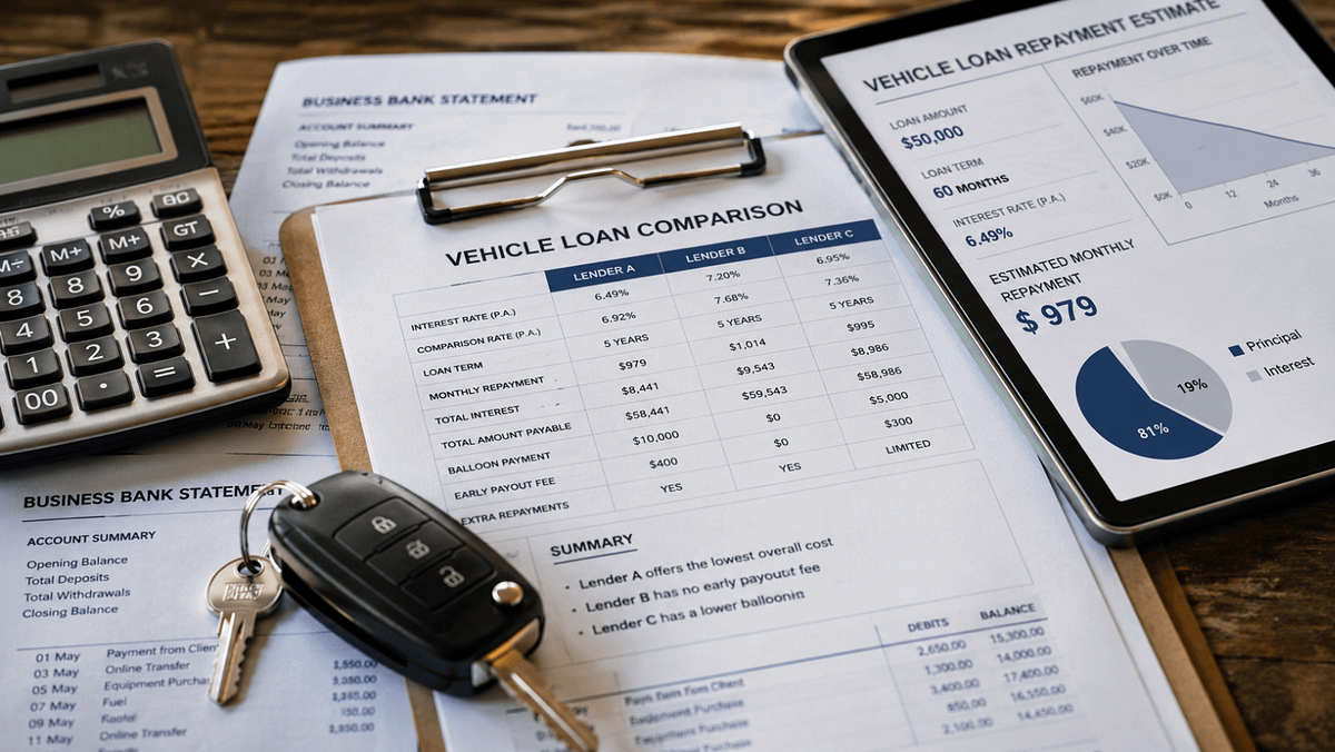 Vehicle finance comparison documents with loan rates, calculator, business bank statements, tablet repayment figures, and car keys