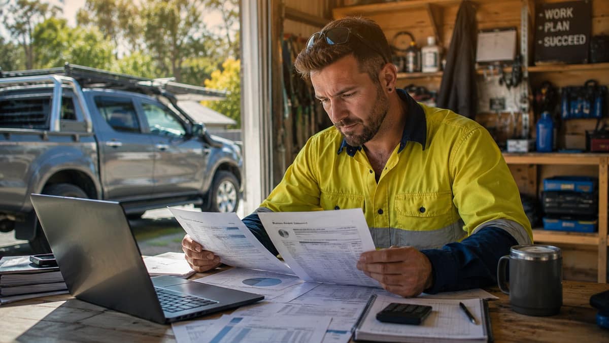 Australian tradie reviewing business paperwork for new ABN vehicle finance