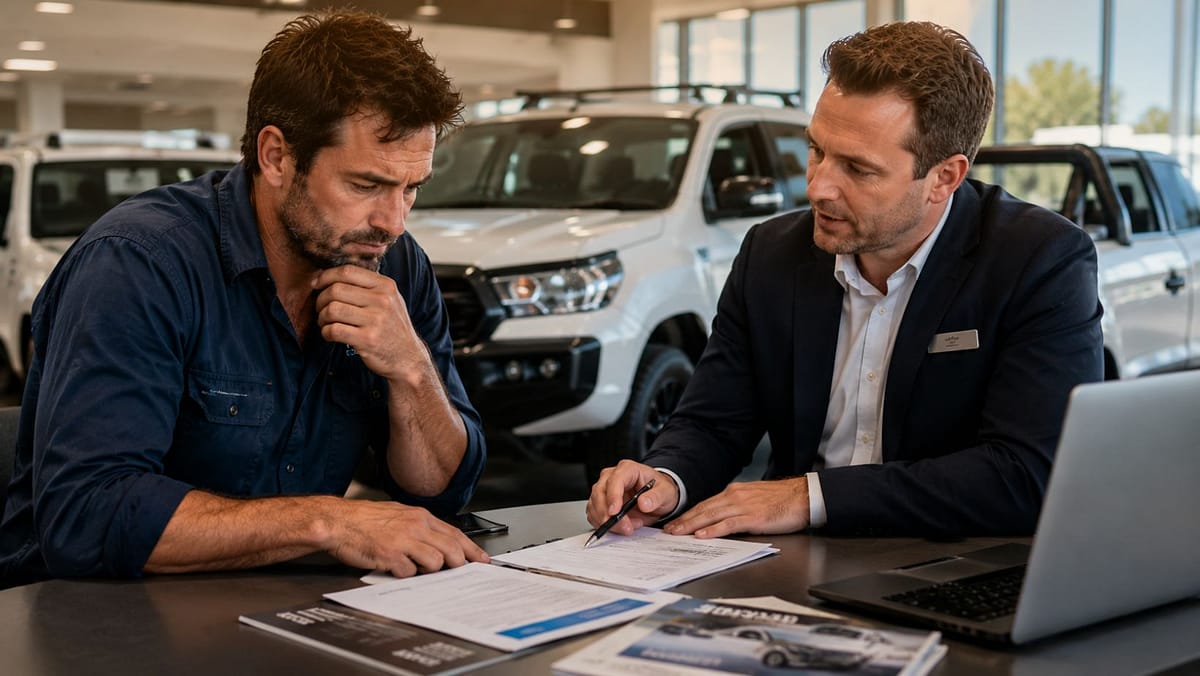 Australian tradie reviewing dealership finance paperwork with a finance manager inside a modern ute showroom