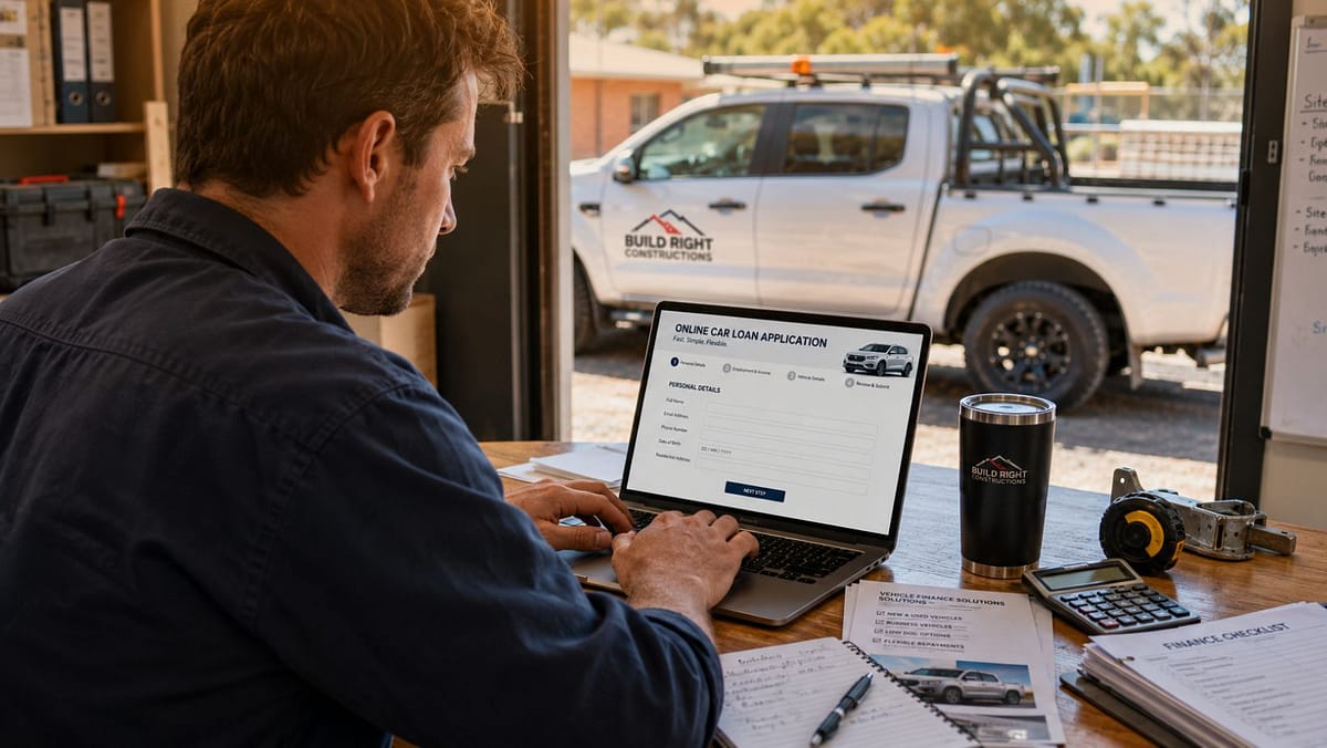 Australian tradie applying for online vehicle finance on a laptop inside a workshop office