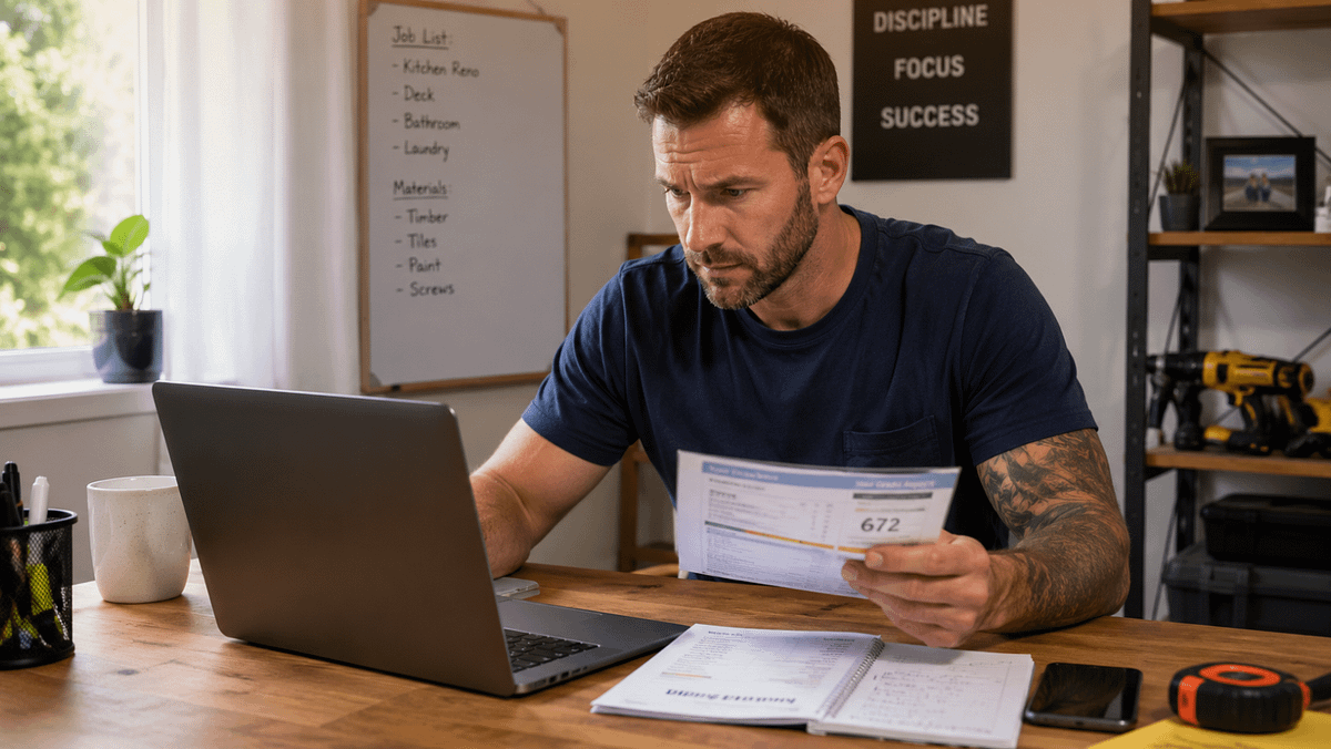 Australian tradie reviewing credit and loan documents while checking finances on a laptop at home office