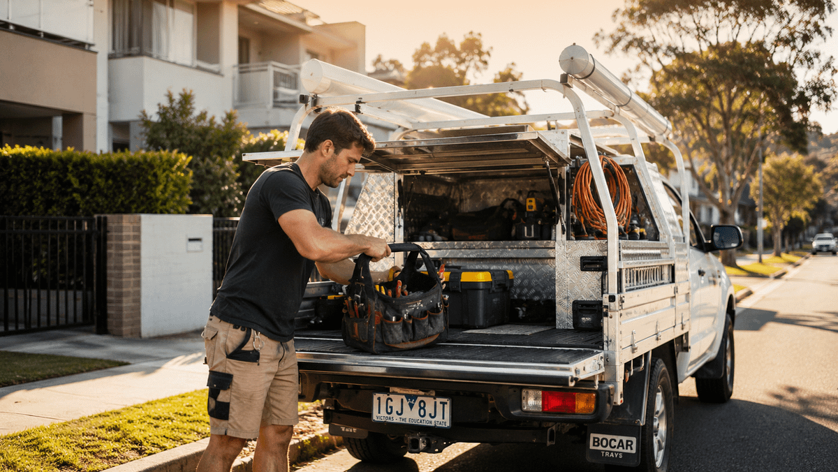 Australian tradie loading tools into a work ute before heading to a job site in suburban Australia