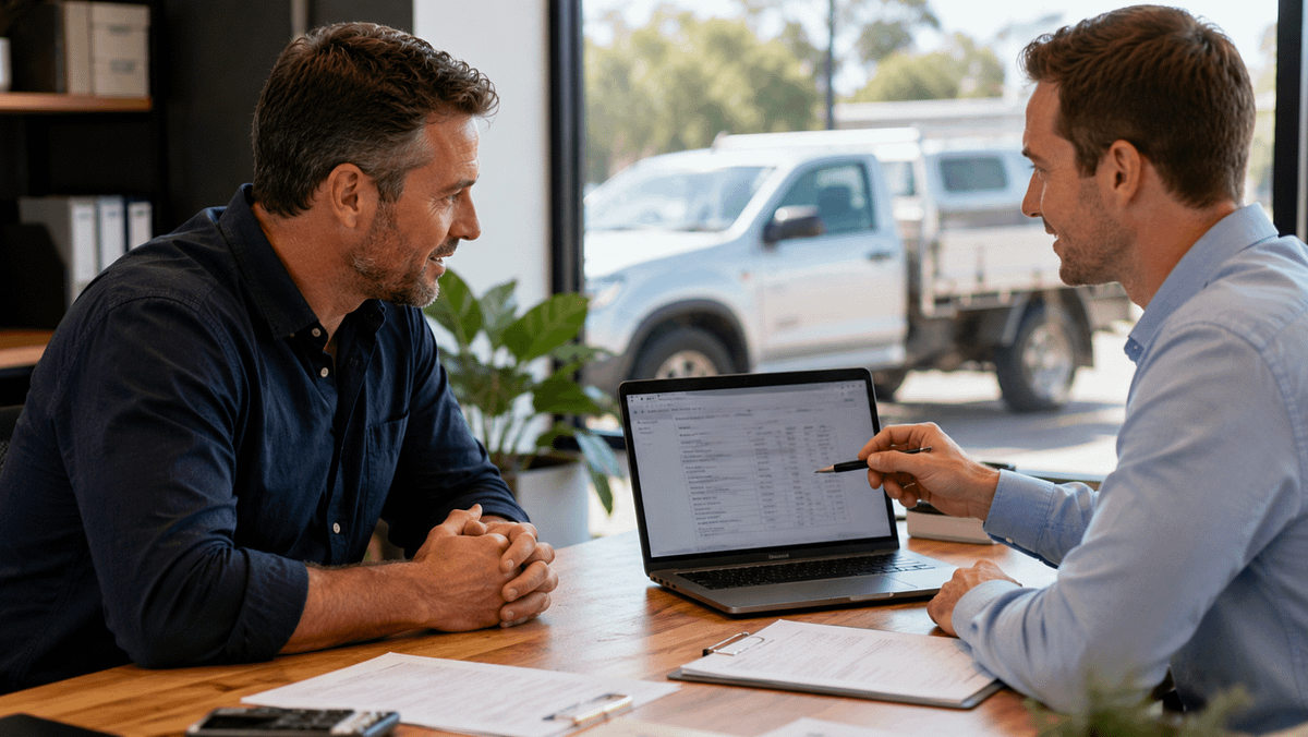 Tradie consulting a vehicle finance specialist about bad credit vehicle finance solutions
