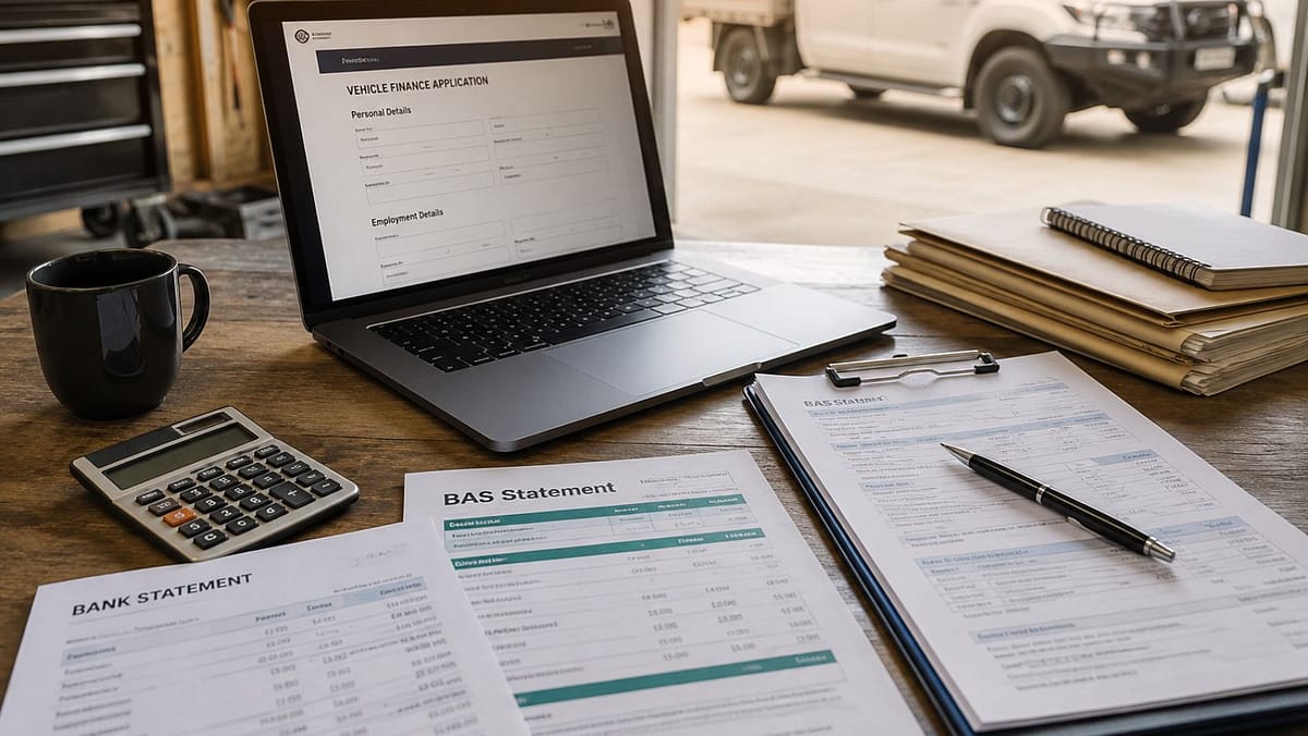 Tradie organising financial documents for a low doc car loan application.