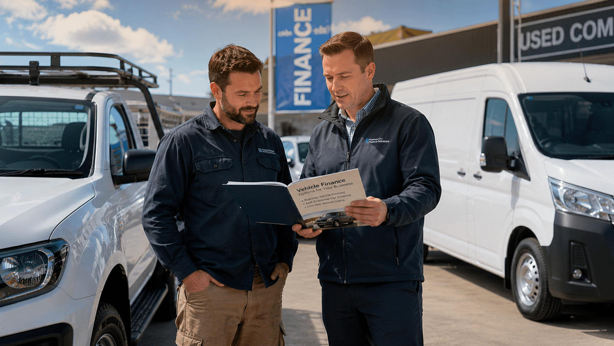 Australian tradie comparing work vehicle finance options with a finance adviser beside a ute and service van