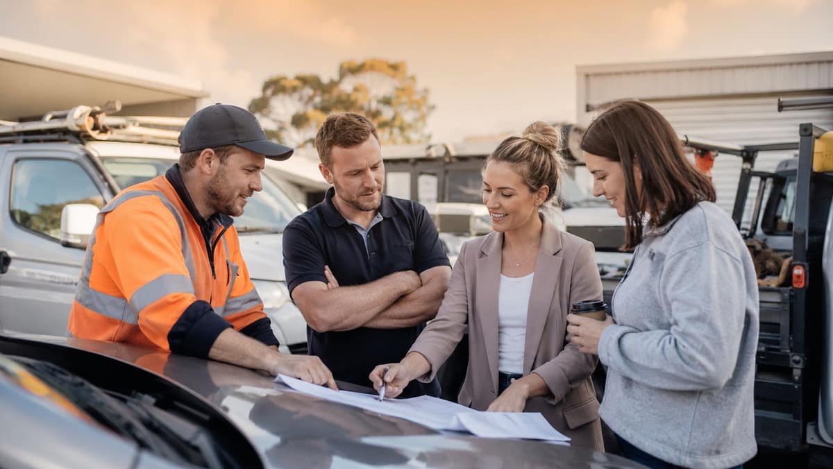 Group of self-employed Australian professionals discussing business plans beside work vehicles