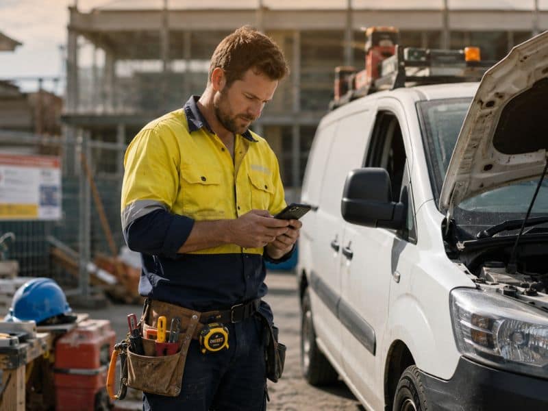 Tradie beside a broken work van using a phone to arrange urgent finance approval at a construction site.