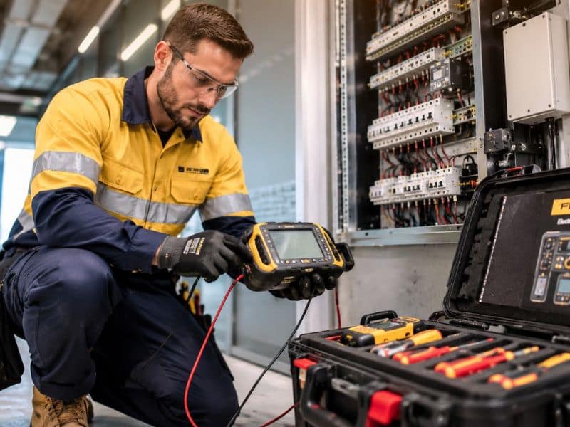 Professional Electrician using upgraded digital testing equipment inside a modern commercial building with an open premium tool case and electrical tools nearby.
