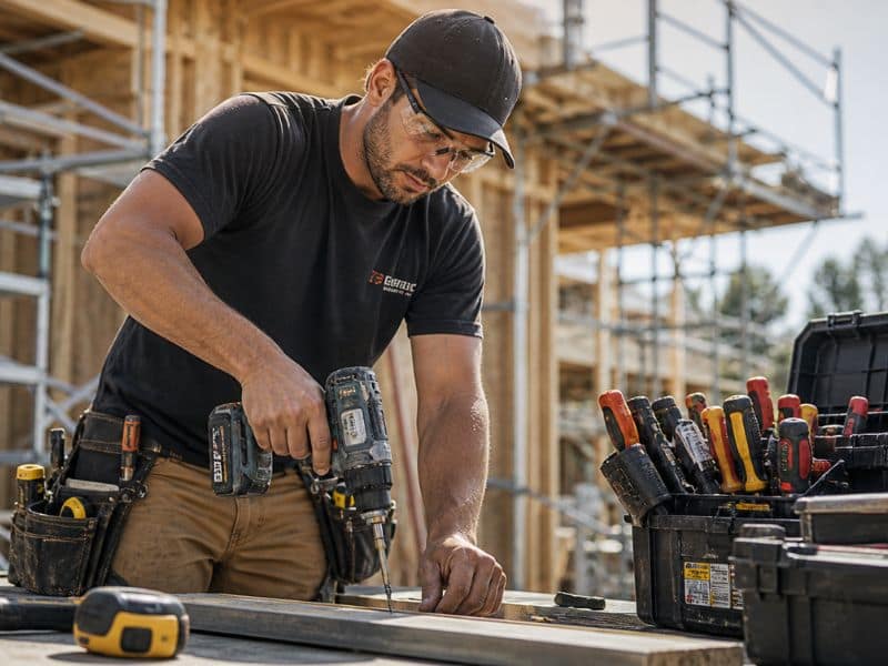 Tradie working efficiently with organized tools on-site using modern equipment