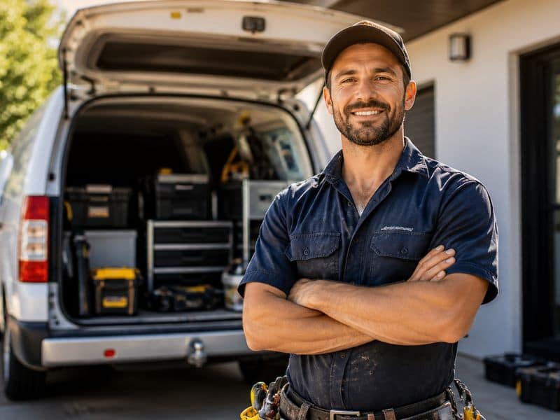 Self-employed tradie standing confidently after completing a job with tools and work vehicle.