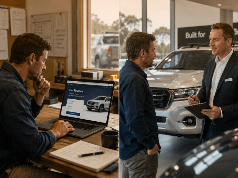 Australian tradie comparing online car loan and dealership finance options