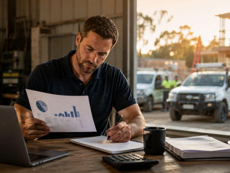 Australian tradie reviewing financial plans for long-term business growth in a workshop office with work utes and construction site in the background