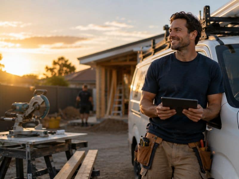 Australian tradie beside a work van at a construction site while managing startup business operations