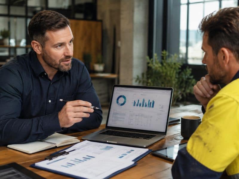 Australian tradie discussing flexible equipment loan repayment options with a finance broker in a modern office.