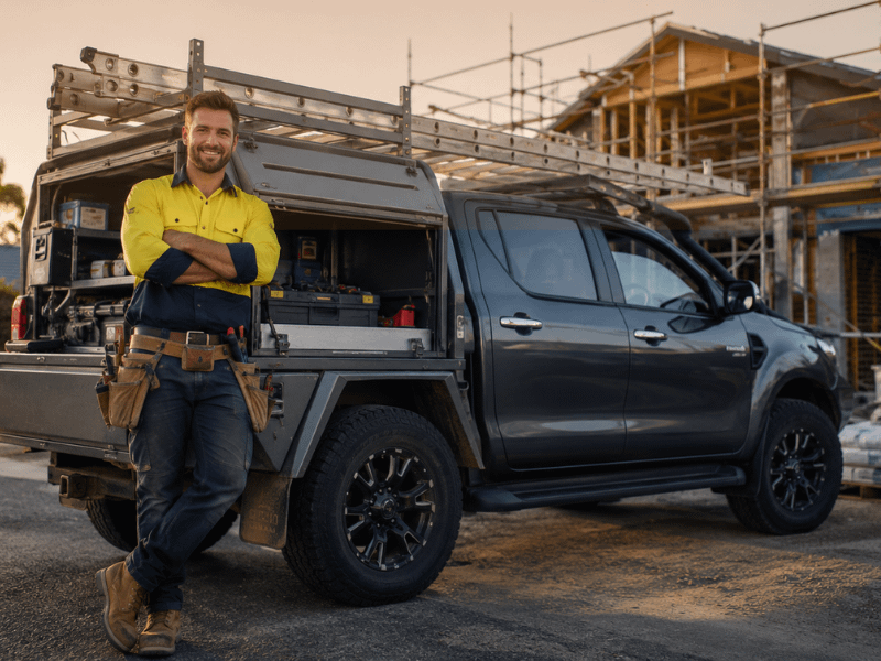 Australian tradie with dual-cab ute at residential construction site