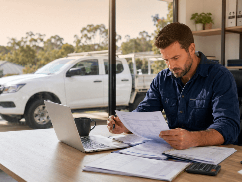 Australian self-employed contractor reviewing vehicle finance documents at a desk with a laptop and calculator while a work ute is parked outside the office window.