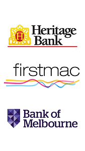 Stacked3 Logos of Heritage Bank, Firstmac, and Bank of Melbourne displayed together on a white background.