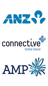 Stacked4 Logos of ANZ, Connect Home Loans, and AMP, illustrating collaboration in the home loan and financial services sector.